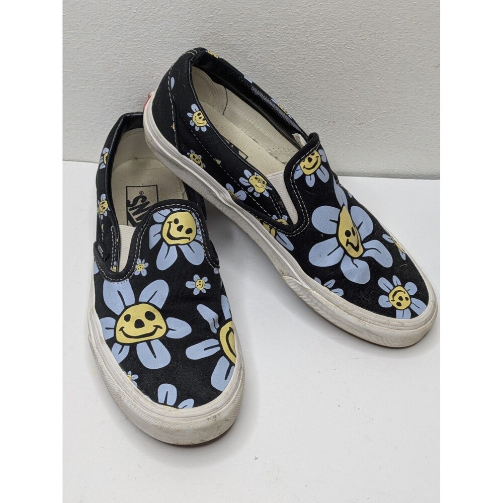 VANS Classic Slip-On Skate Shoe Trippy Grin Flower Black Sneaker M 6.5 W 8 HTF